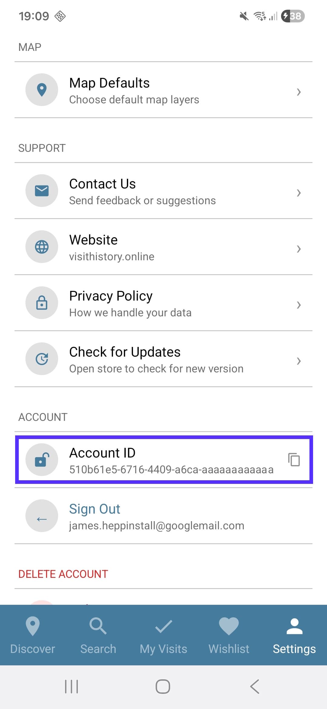 Visit History settings page showing your Account ID