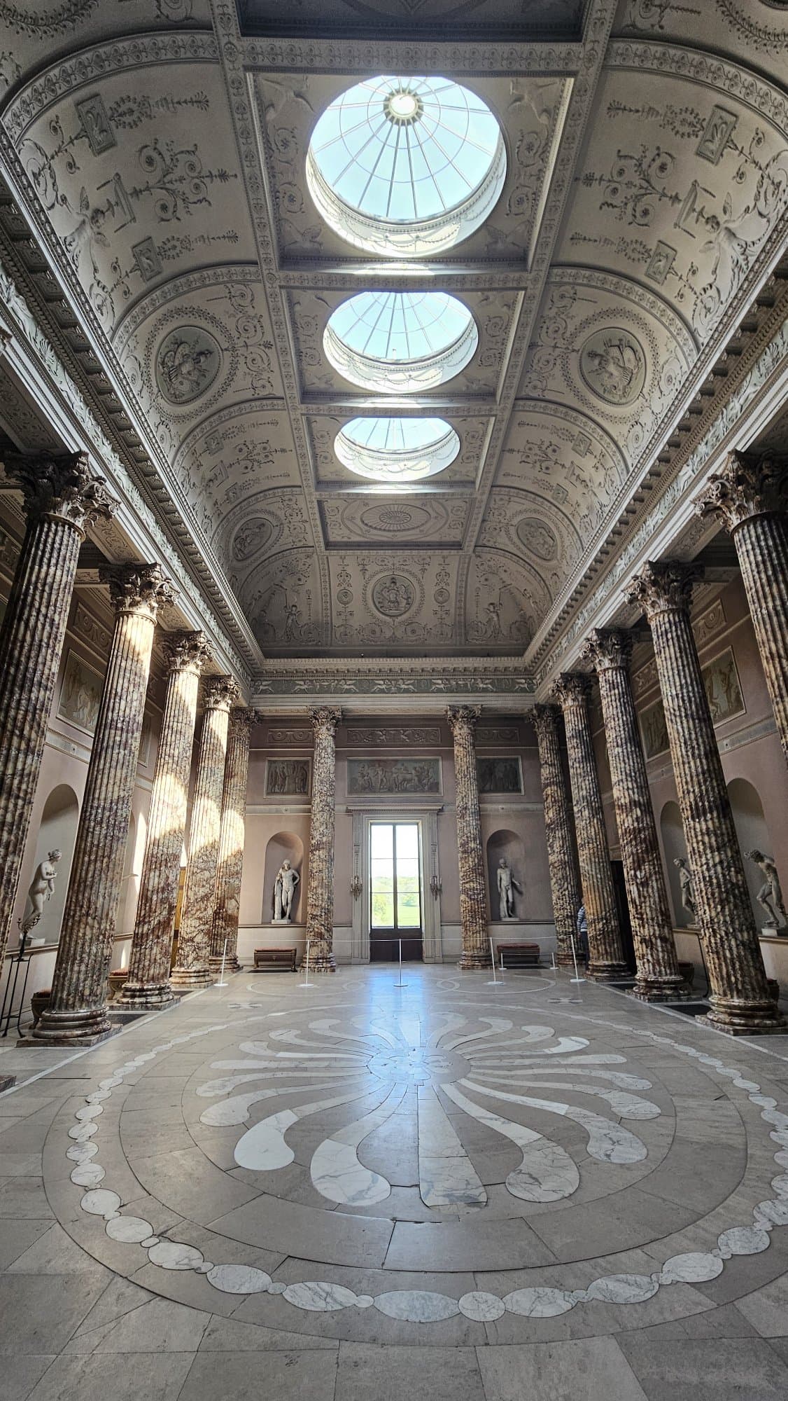 The Marble Hall is the heart of Kedleston, and arguably Robert Adam's finest interior.  The inlaid Italian marble floor is ringed by twenty fluted alabaster columns with Corinthian capitals.