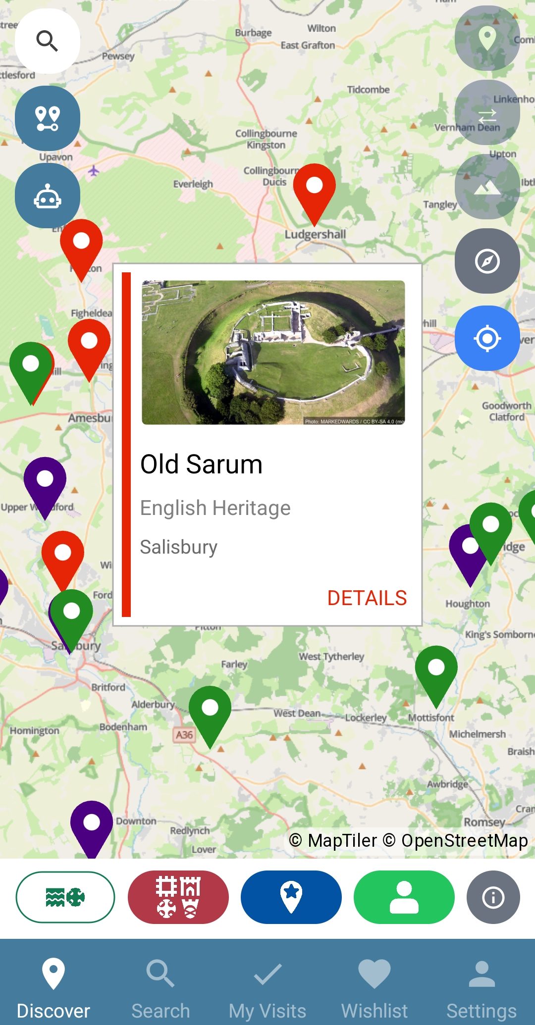 The Discover map with a site card open for Old Sarum