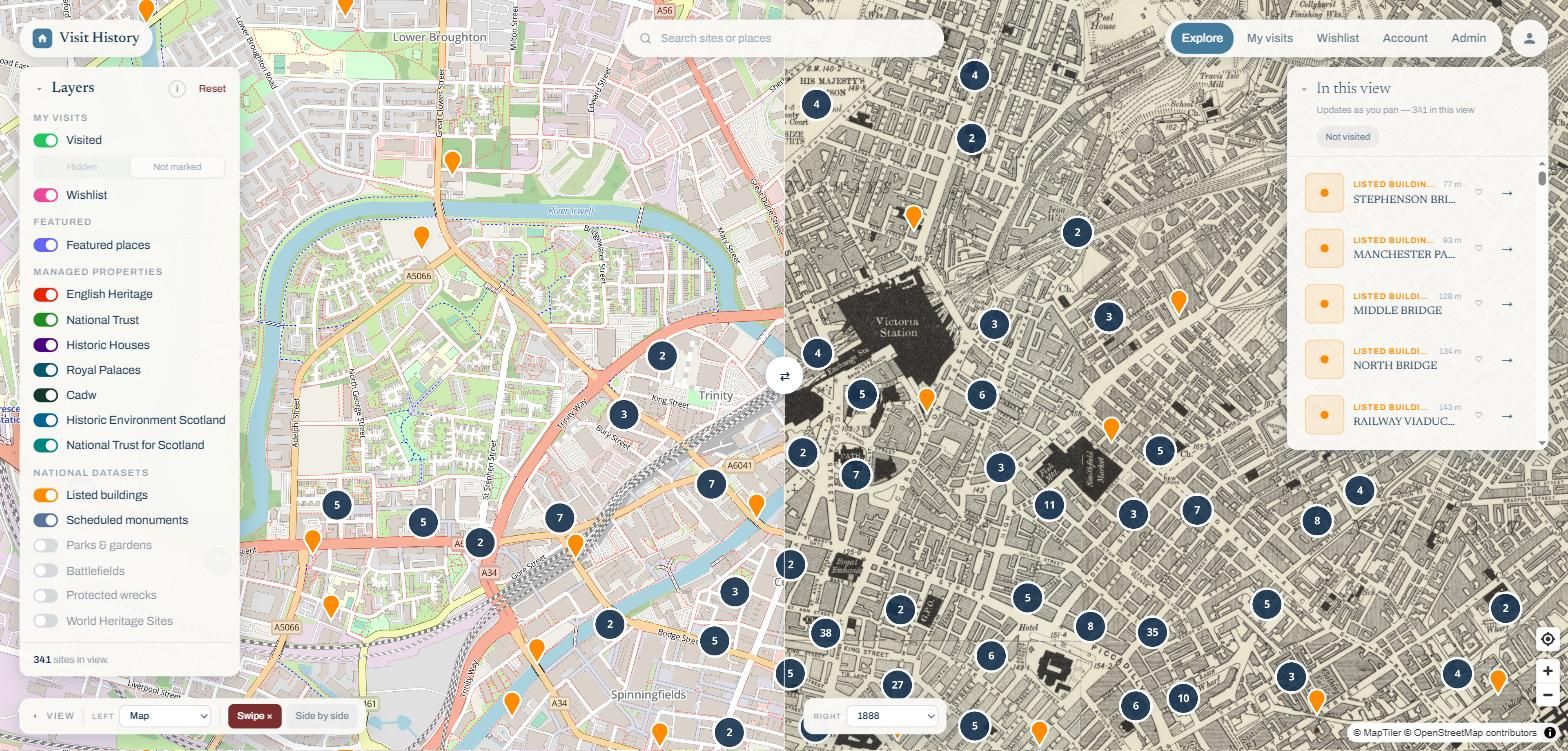 The web map explorer swiping between today's map of Manchester and the 1888 six-inch Ordnance Survey sheet
