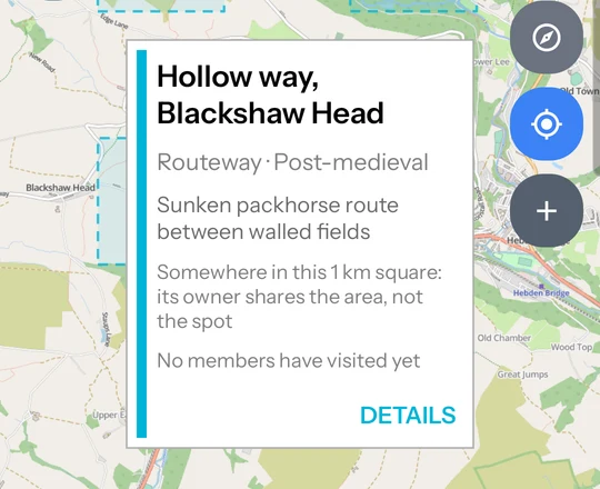A site's card on the app's map, saying it is somewhere in this 1 km square and that no members have visited yet