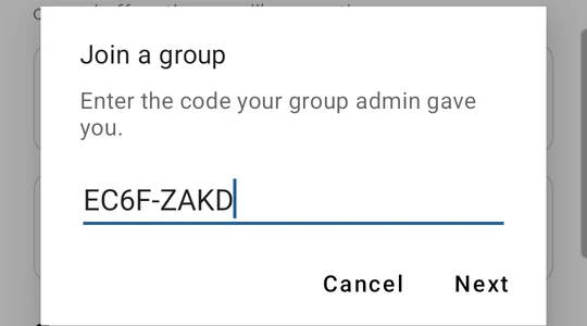 The app asking for the group's invite code
