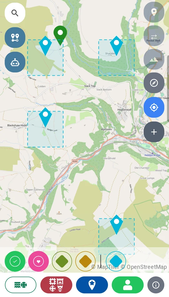 The app's map with the group's sites as dashed squares, and the group's layer button after a dividing line in the My Visits row