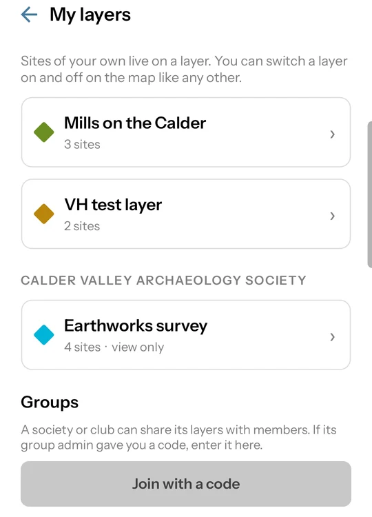My layers in the app, with the group's name as a heading over its layer, marked view only