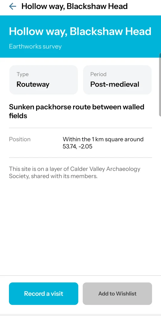 A group site's page in the app, giving its position only to the 1 km square and naming the group it is shared with