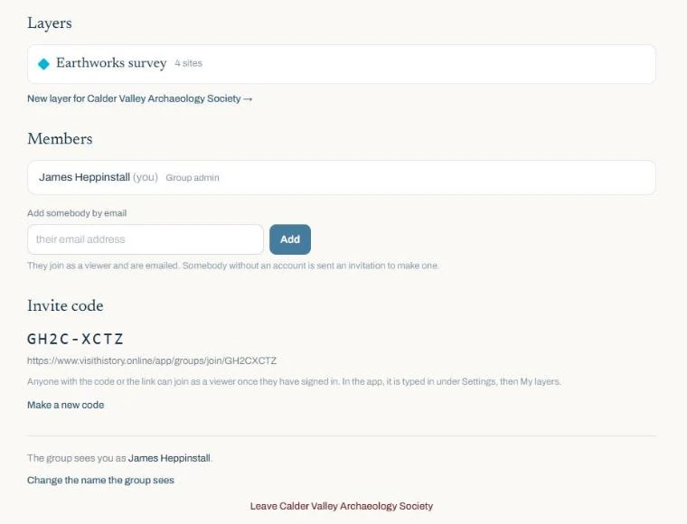 A group's page as its group admin sees it: the group's layer, the members, a box to add somebody by email, and the invite code with its link