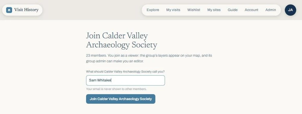 The page an invite link opens: it names the group, says you join as a viewer, and asks what the group should call you