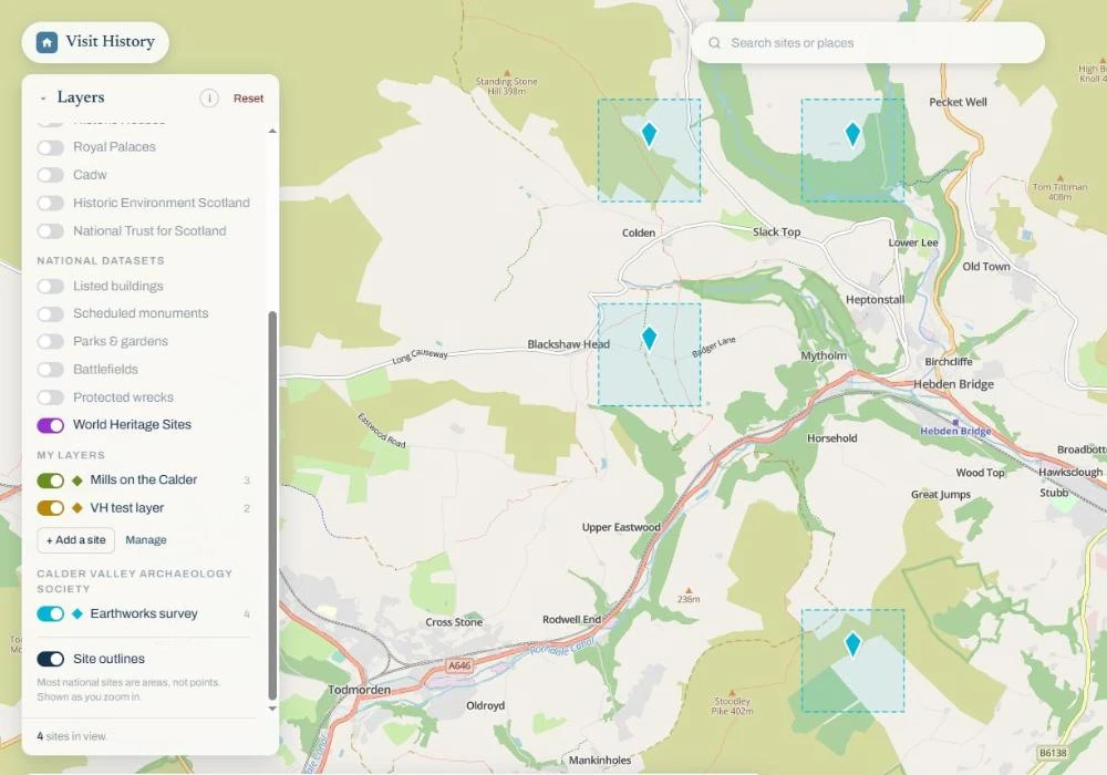 The map with the layers panel open: the group's name as a heading under My layers, and its sites drawn as dashed squares