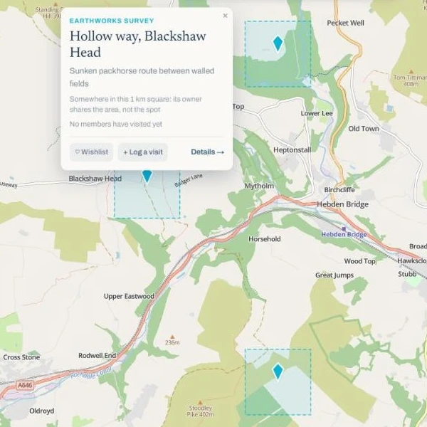 A site's card on the map: its layer, name and summary, the line saying it is somewhere in this 1 km square, and how many members have visited