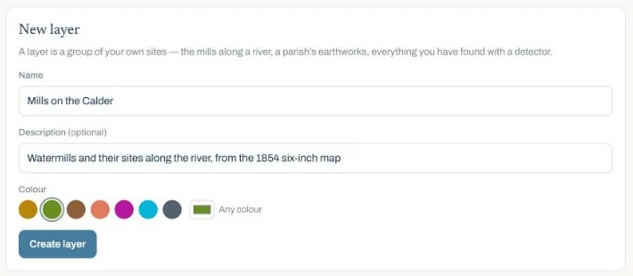 The New layer form, with a name, a description and a row of colour swatches