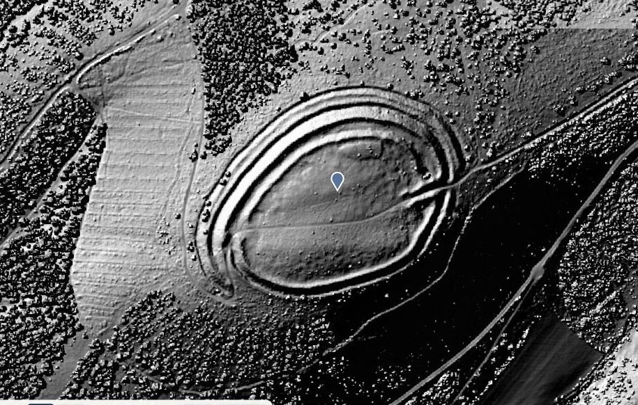 LiDAR surface model of Bury Ditches, showing the cleared hillfort with forestry around it