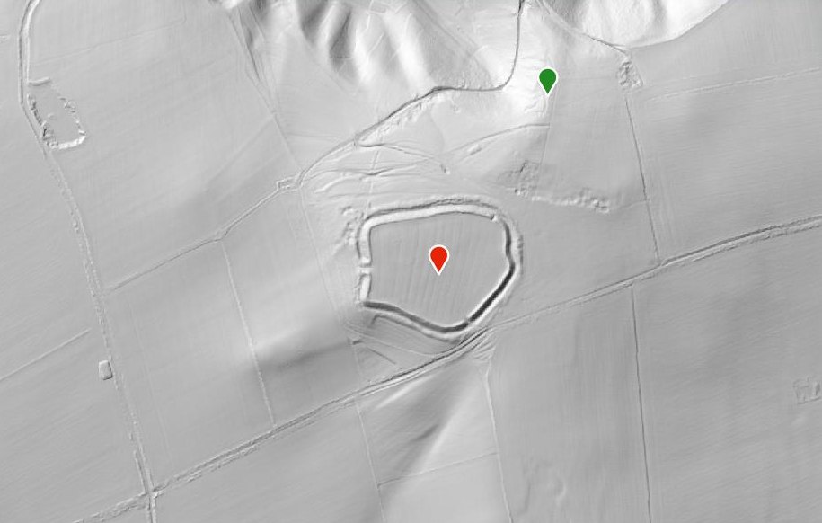LiDAR terrain model of Uffington Castle, showing a single rampart and ditch enclosing the hilltop