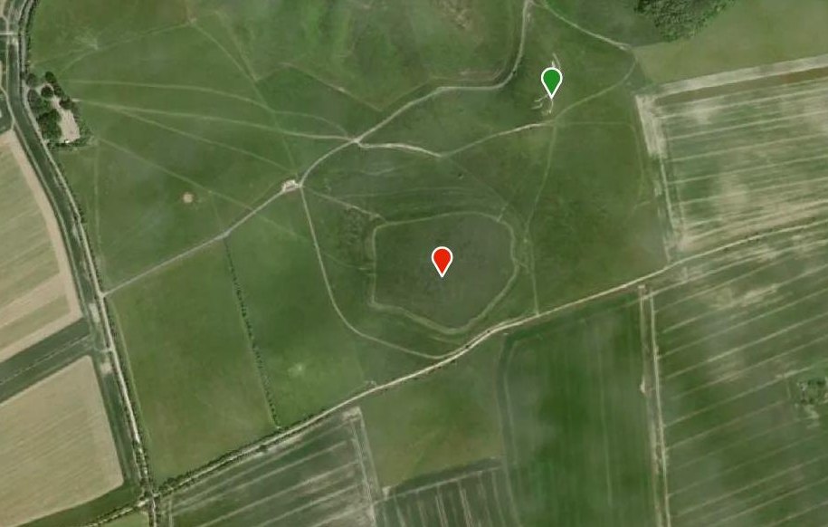 Aerial view of the hilltop at Uffington, where the hillfort is barely visible