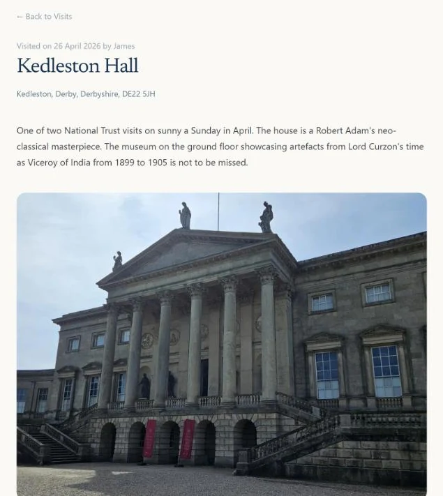 A published visit page on visithistory.online, with the byline, the photographs and a Share your own visits section