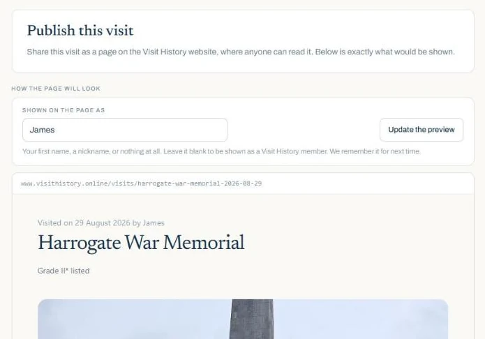The preview of a visit page, with the box for the name to be shown as above it