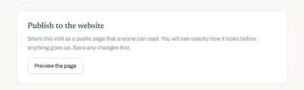 The Publish to the website card below a visit's edit form, with a Preview the page button