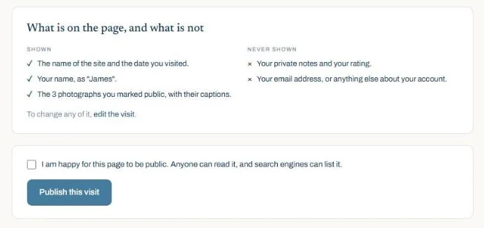 The list of what is shown and never shown on the page, with the tick box and the Publish this visit button
