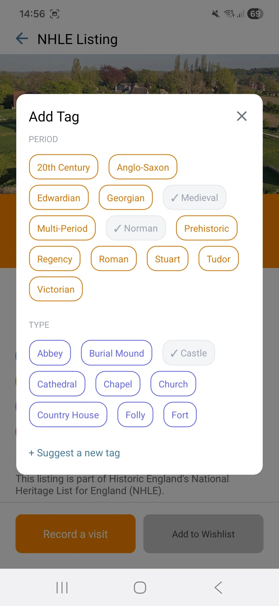 The tag picker showing tags grouped by category